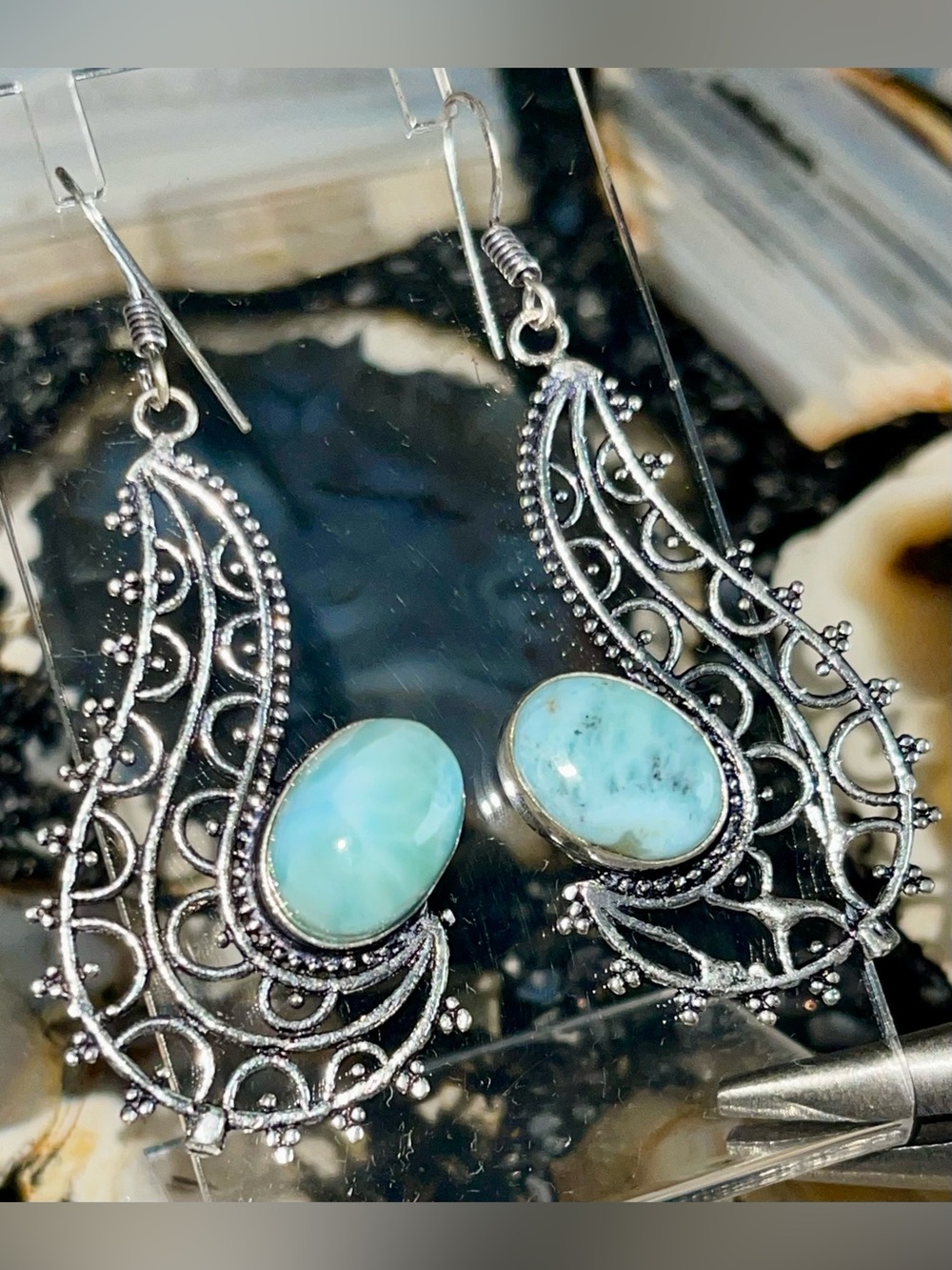 Jumbo Caribbean Larimar Crystal Earrings 2 1/2”